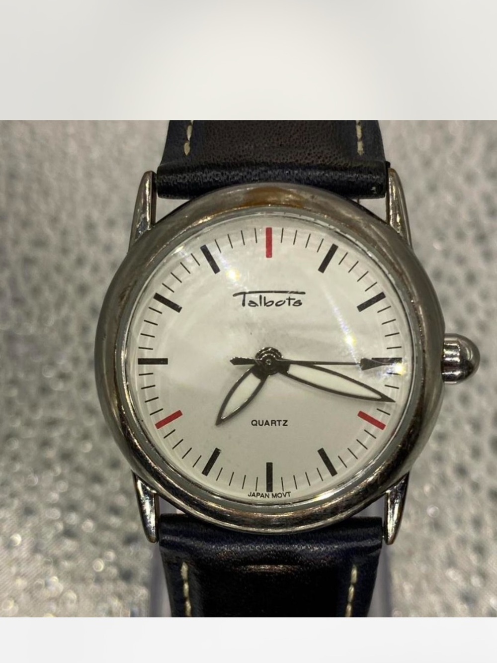 *** Talbots ^^^ Classic “ Silver-Tone Case Watch / Black Leather Strap ^*^
